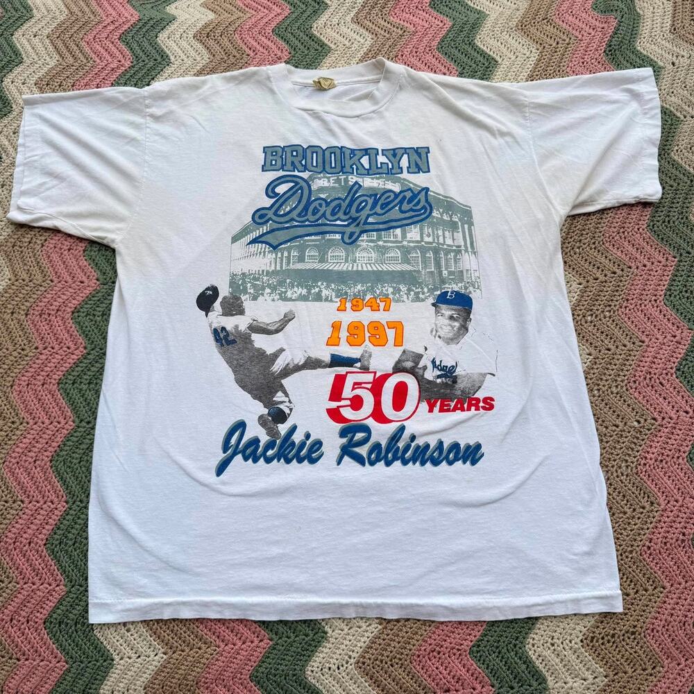 Vtg 1997 Jackie Robinson Shirt XL Brooklyn Dodgers 50 Years Single Stitch 90s